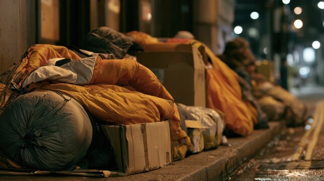 Close-up of sleeping bags and cardboard on city sidewalk at night representing homelessness and street living challenges in urban environment with blurred background