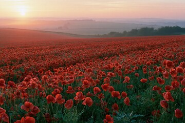 Naklejka premium The Poppy Field at Sunrise Over Rolling Hills With Mist and Golden Light