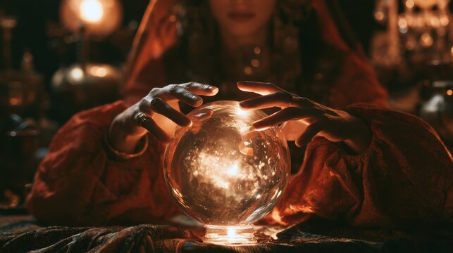 Mysterious fortune teller with glowing crystal ball predicting future in dimly lit room with warm ambient light