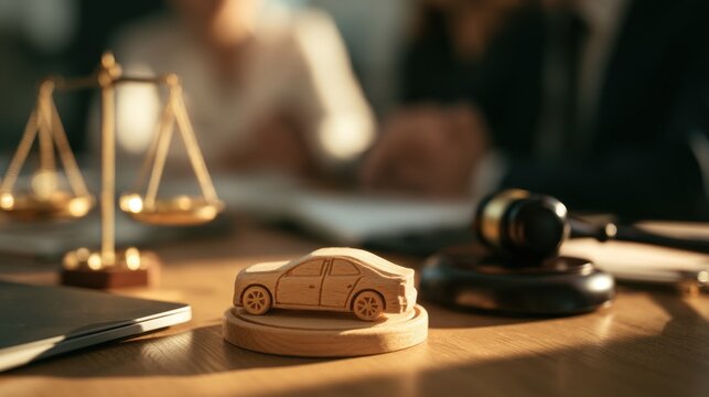 Legal concept with wooden car model, judge gavel, and balance scale on office desk in courtroom or law firm setting