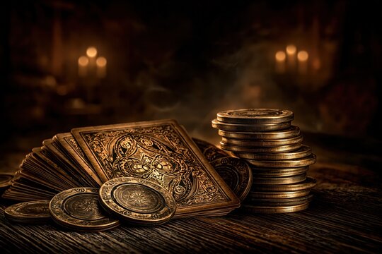 Vintage playing cards and gold coins stack in mystical dark ambient
