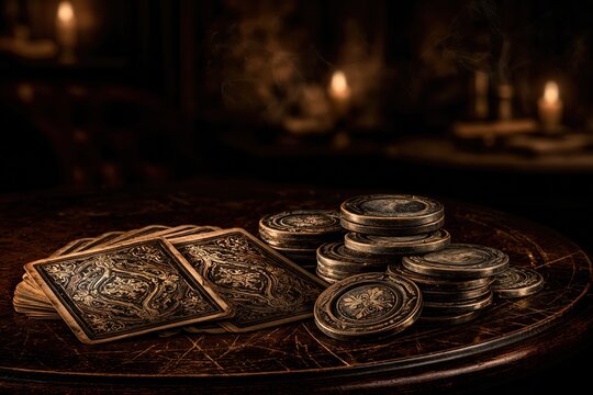 Vintage playing cards and poker chips on dark wooden table mood light
