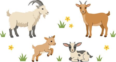 Obraz premium Cute cartoon goats and little kids family set with grass flower elements for farm illustrations