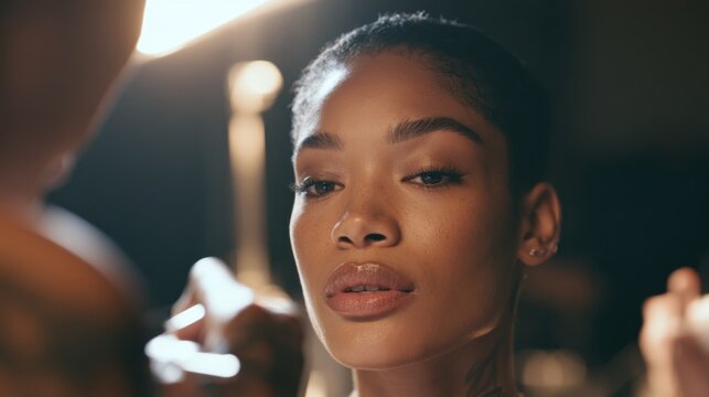 Close-up view of focused young woman with natural makeup and smooth skin getting professional makeup application in warm indoor setting with soft light