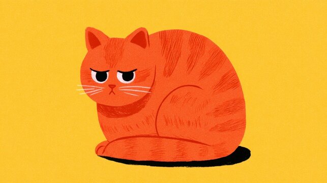Illustration of an angry orange cat sitting on a yellow background, showing grumpy facial expression and striped fur pattern in a digital art style