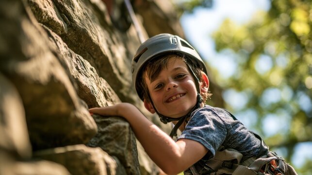 Young caucasian boy climbing outdoor rock wall smiling wearing safety helmet and harness enjoying sunny day activity in nature environment close-up portrait