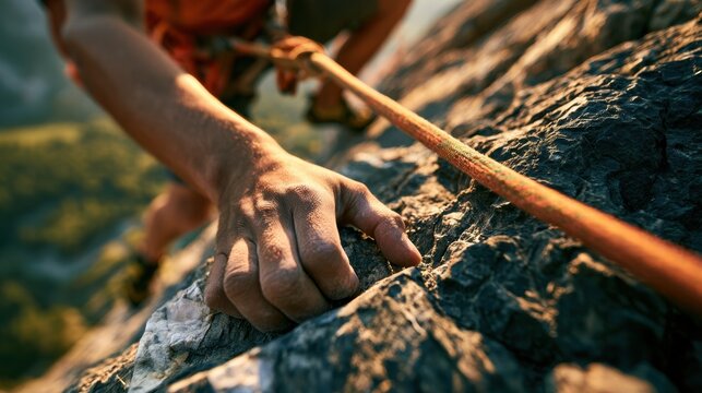 Close-up of person hand gripping rocky surface while climbing outdoor in natural landscape with focus on fingers and safety rope during adventure activity