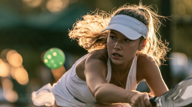 Focused young female athlete playing paddle sport outdoors with intense concentration during sunny afternoon, wearing white visor and athletic outfit, action moment