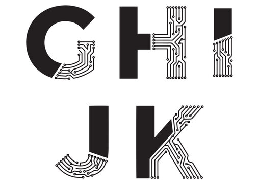 Futuristic letters G, H, I, J, and K combined with electronic circuit board lines, creating a geometric technology alphabet set for digital and engineering concepts.
