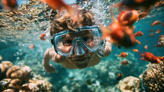 Young child snorkeling underwater in clear blue ocean surrounded by vibrant orange fish and colorful coral reef on a sunny day adventure exploring marine life