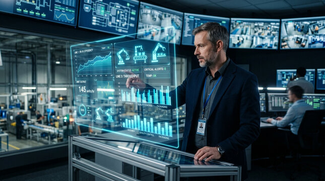Male industrial engineer interacting with virtual holographic dashboard showing factory performance metrics and robotic automation data in control room center.