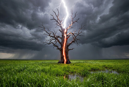 Dramatic weather storm lightning thunderbolt strike splitting meadow tree with fire and high voltage electricity.