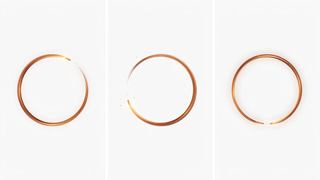 Three copper wire rings with varying gaps and overlaps on a bright white background
