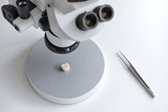 Ceramic Dental Crown on a Clean Stereo Microscope Laboratory Workstation
