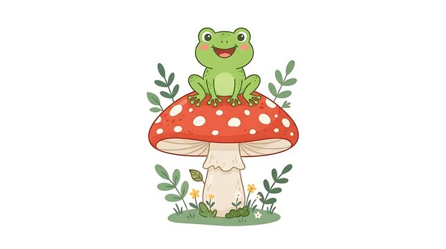 Cute green frog sitting on a red toadstool mushroom in a magical forest woodland vector illustration