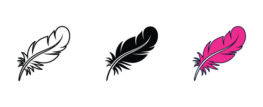 Lightweight soft feather icon set in pink and black styles for ink pen, gentle touch, writing, elegance, creativity, and delicate design concepts