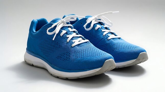 A pair of blue athletic running shoes with white laces isolated on a neutral gray studio background.
