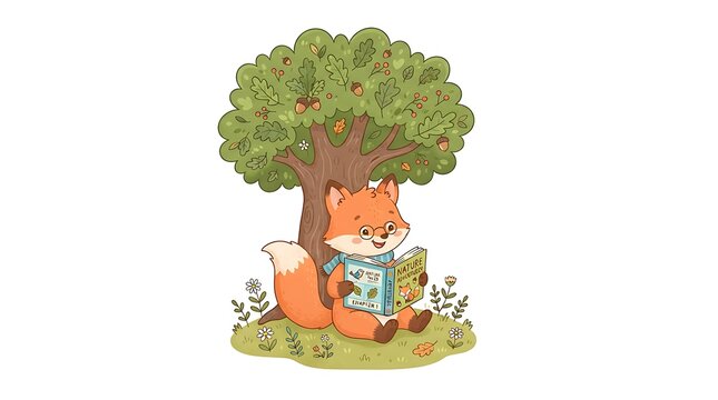 Charming vector illustration of a cute little fox reading a book under a leafy green tree