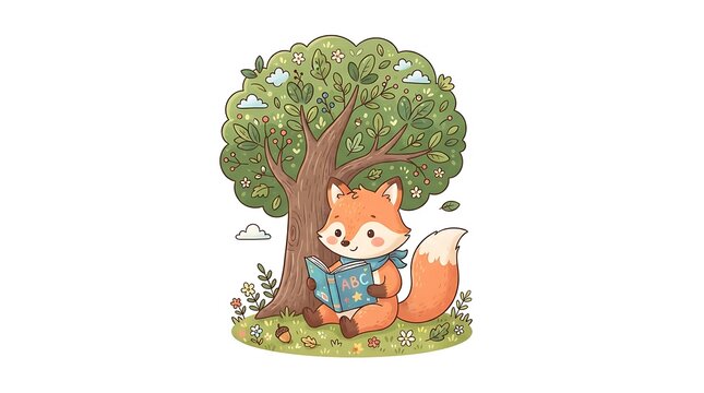 Watercolor illustration of a cute little fox reading a book under a big green tree in a forest