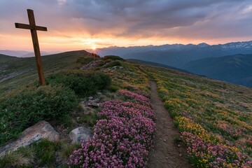 Fototapeta premium The Cross on Mountain Ridge Overlooking Sunset and Blooming Wildflowers Along Trail