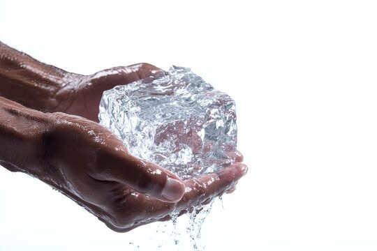 A pair of hands cupping a large, clear ice cube, with water dripping and splashing. The image evokes feelings of coolness and refreshment.