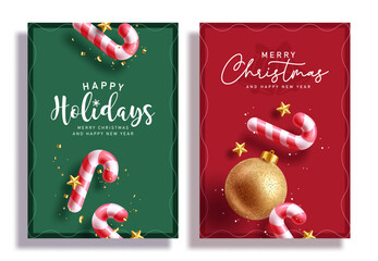Naklejka premium Christmas and Happy Holidays greeting card clipart poster set design. Merry Christmas and Happy New year greeting card with candy canes, gold stars, confetti and glitter Christmas bauble in green 
