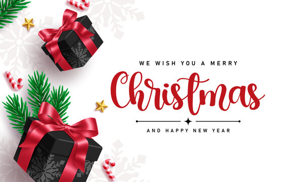 Merry Christmas and Happy New year greeting card template clipart design. Wishing Christmas card with black gift boxes, pine branches, candy cane and gold stars in snowflakes copy space white 