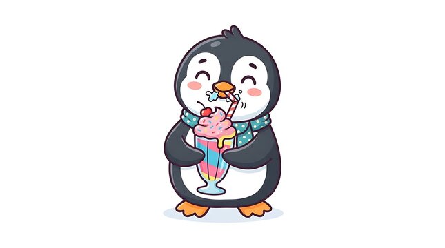 Cute little penguin drinking a sweet milkshake with a straw, wearing a winter scarf in a fun vector illustration design