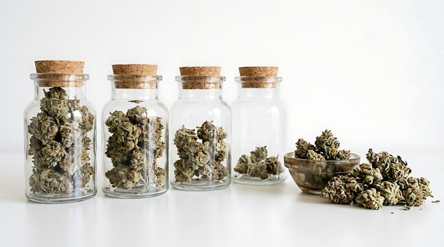 Dried cannabis flower buds stored in clear glass jars with cork stoppers on a white background.