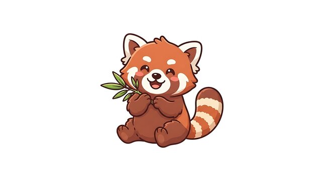 Adorable red panda illustration eating bamboo leaves in a cute cartoon vector style isolated on white background