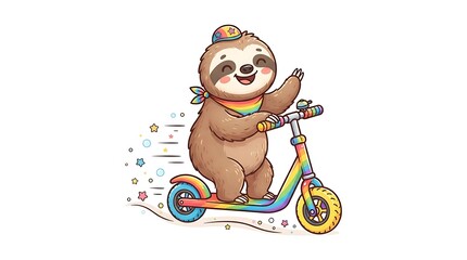 Naklejka premium Cute cartoon sloth riding a colorful rainbow scooter with a cheerful expression and stars