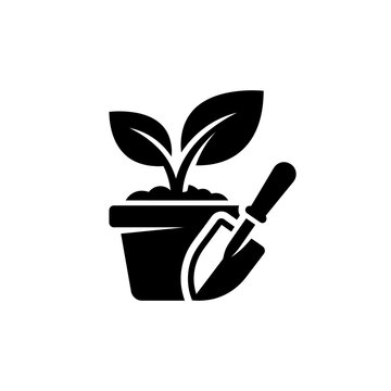 Gardening plant sprout in pot with trowel tool illustration, symbol of growth and cultivation