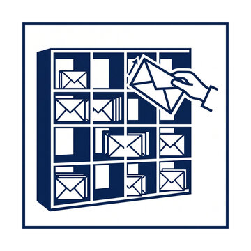 Hand placing an envelope into a pigeonhole shelf icon for sorting incoming company mail