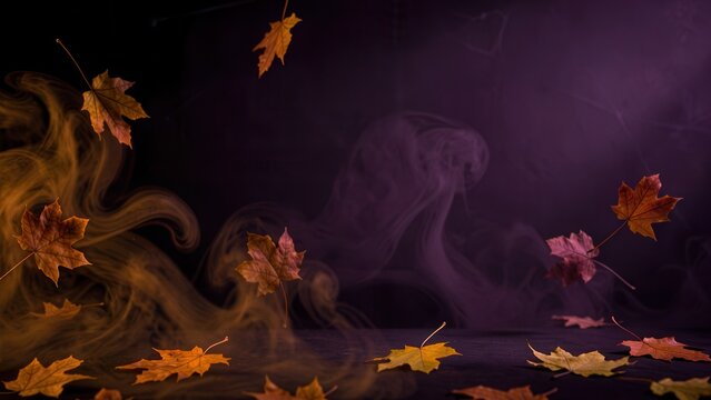 dramatic moody halloween background with swirling fog and autumn leaves perfect for seasonal promotional text overlay