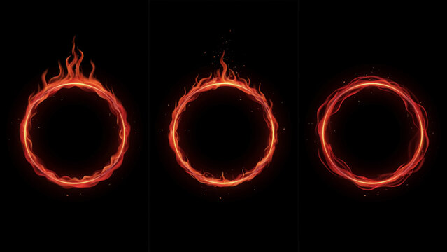 Three flaming fire rings with glowing embers on a solid deep black background surface