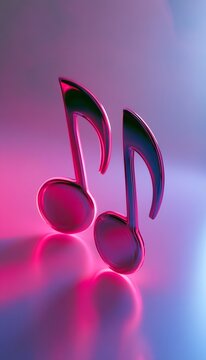 Stylized musical notes with metallic finish and glowing neon outlines on a reflective pink surface
