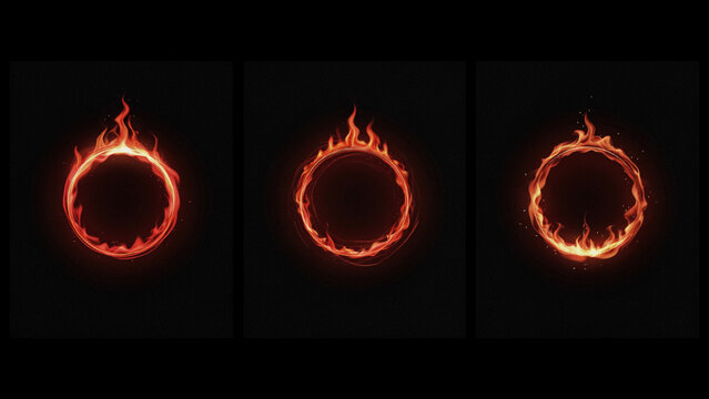Three flaming fire rings with glowing embers on a solid deep black background