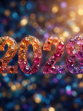 Sparkling gemstone numbers 2028 with blurred bokeh lights festive new year celebration