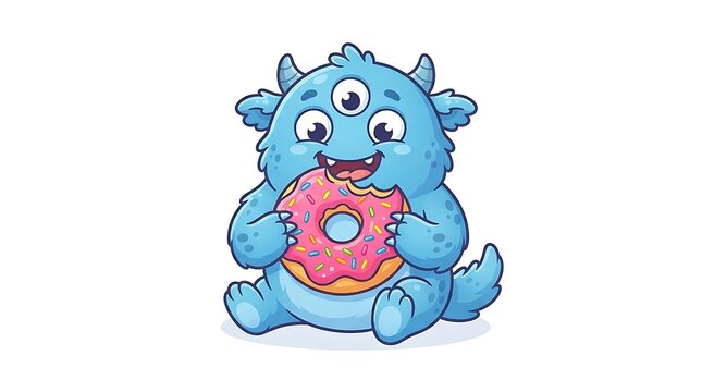 Cute blue monster eating a sweet pink donut with colorful sprinkles, funny cartoon character illustration