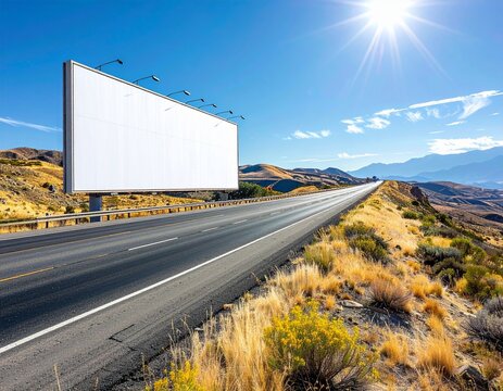 Blank billboard sign standing along a desert highway under a bright sunny sky.