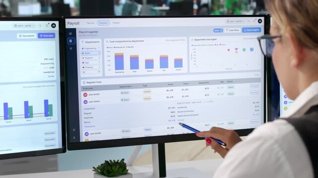 Payroll Manager Carefully Reviews Employee Salary Data