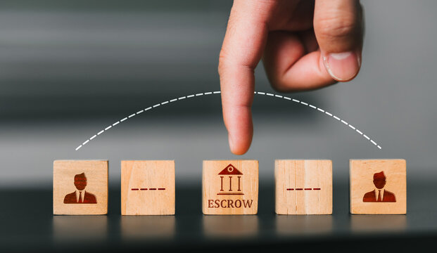A hand interacting with wooden blocks Escrow: Money, deposits, or assets deposited with a third party. Finance.