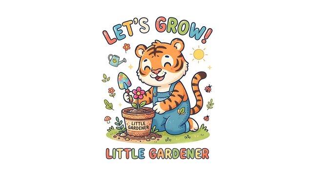 Cute cartoon tiger gardening vector illustration with little gardener and let us grow text for kids design