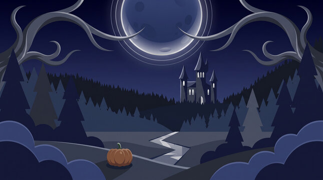 Haunting Halloween pumpkin floating near gothic castle under full moon in eerie night scene
