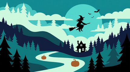 Fototapeta premium Witch soaring over enchanted forest at night under full moon with flying bats and glowing river