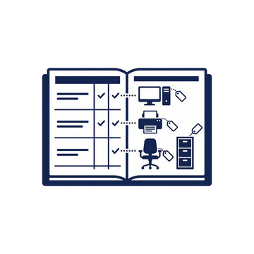 Ledger spread listing labelled office furniture and devices icon for fixed asset stocktaking