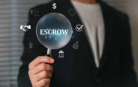 A businessman in a suit holding a magnifying glass emphasizes escrow assets held as collateral with a third party finance, security, and partnership, symbolizing secure transactions and trust.