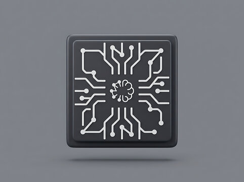 Dark gray microchip icon with white brain neural network circuit design