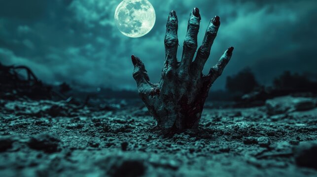 Bony pale hands of sexy woman vampire with sharp bloody red nails rising out from the ground,Halloween grave crosses,zombies at night,creepy hand coming out of the ground,halloween concept.