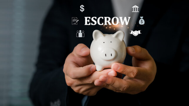A person holding a piggy bank with glowing financial Escrow, a deposit or asset deposited with a third party, investment, and economic growth, symbolizing savings and financial planning.